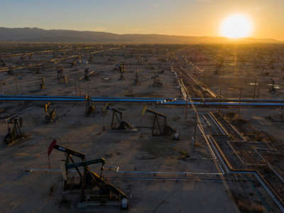 An aerial view shows pumpjacks in the South Belridge Oil Field as oil prices have cratered with the spread of the coronavirus pandemic on April 24, 2020, near McKittrick, California.