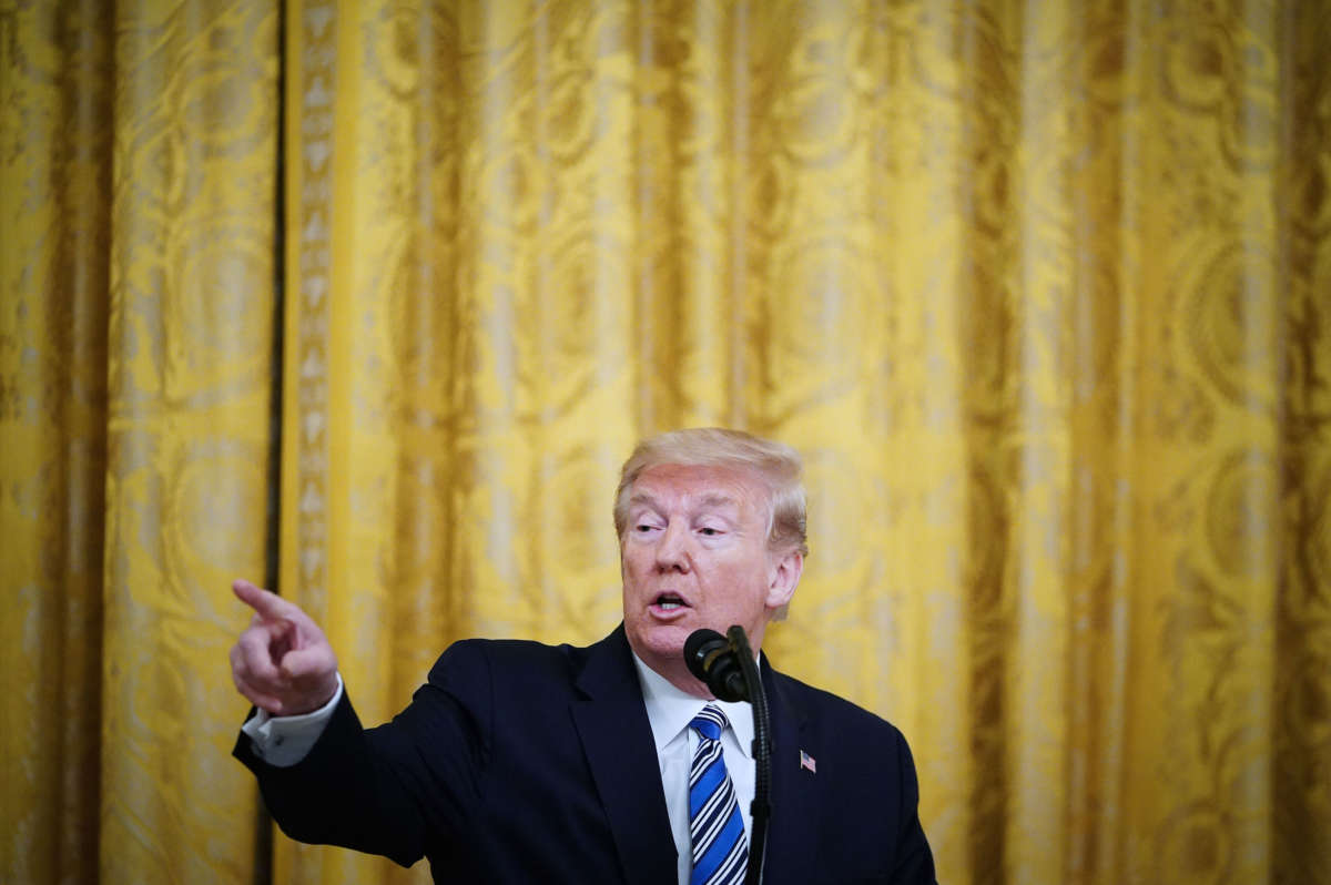 President Trump speaks in the East Room of the White House in Washington, D.C., on April 28, 2020.