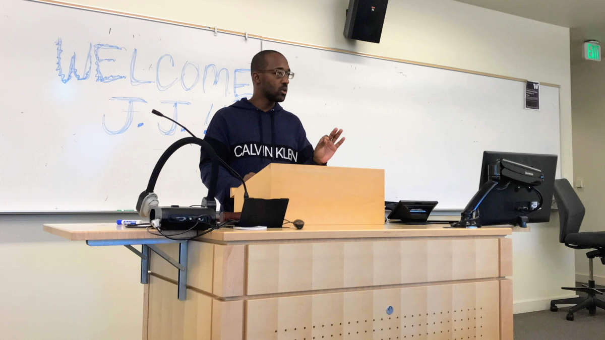 Jeremiah Bourgeois gives a presentation to students at the University of Washington School of Law three days after being released from prison.