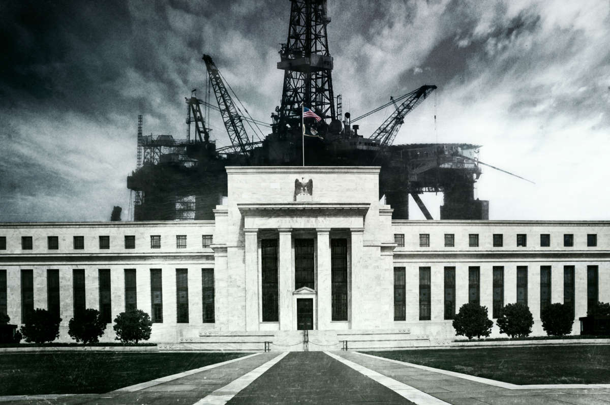 Federal Reserve building with oil rig looming behind