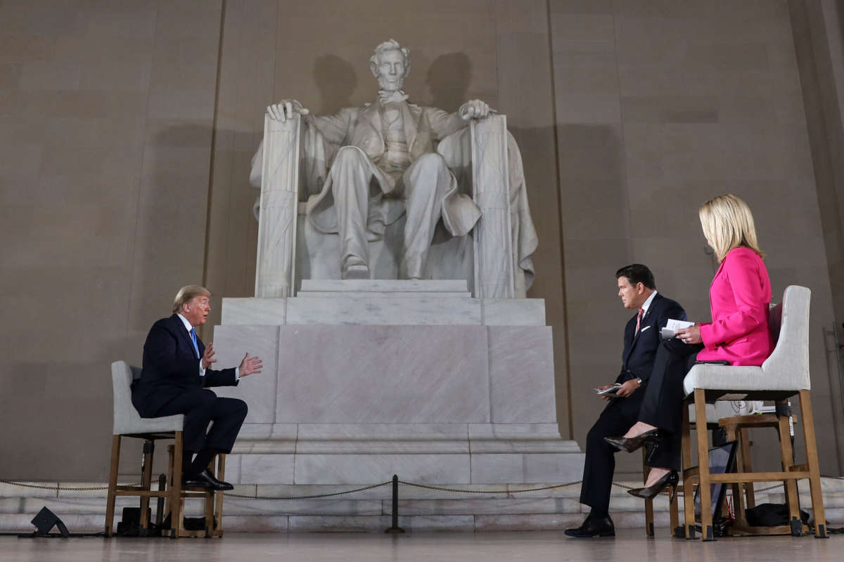 President Trump speaks with news anchors Bret Baier and Martha MacCallum during a Virtual Town Hall inside of the Lincoln Memorial on May 3, 2020, in Washington, D.C.