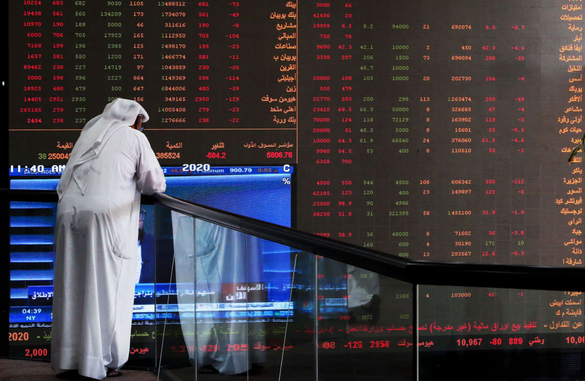 A Kuwaiti trader checks stock prices at Boursa Kuwait in Kuwait City, on March 8, 2020.