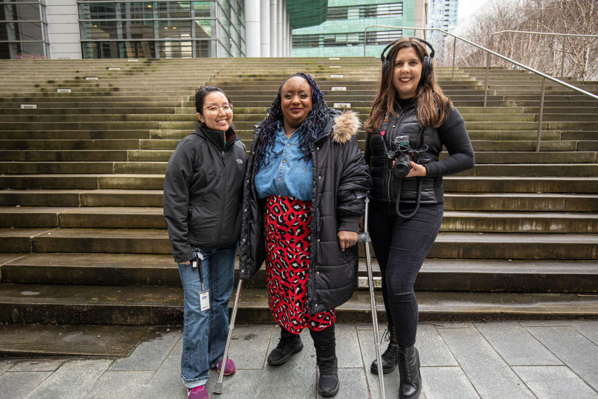 Vote For Access host Imani Barbarin, director Allexa Laycock and production coordinator Rachel Miyazaki pose on location in Seattle, Washington.