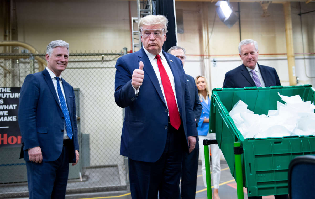 President Trump tours a Honeywell International Inc. factory producing N95 masks during his first trip since widespread COVID-19 related lockdowns went into effect May 5, 2020, in Phoenix, Arizona.