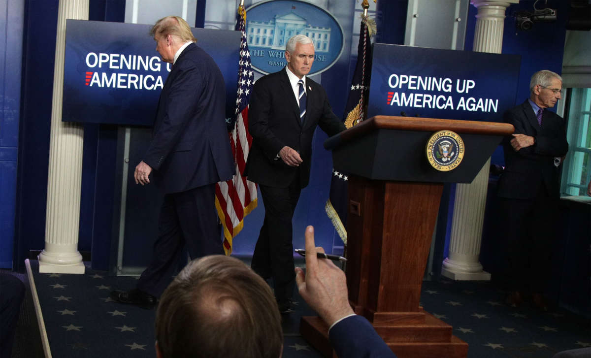 President Trump, Vice President Pence, and National Institute of Allergy and Infectious Diseases Director Anthony Fauci prepare to leave the daily briefing of the coronavirus task force at the White House April 16, 2020, in Washington, D.C.