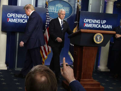 President Trump, Vice President Pence, and National Institute of Allergy and Infectious Diseases Director Anthony Fauci prepare to leave the daily briefing of the coronavirus task force at the White House April 16, 2020, in Washington, D.C.