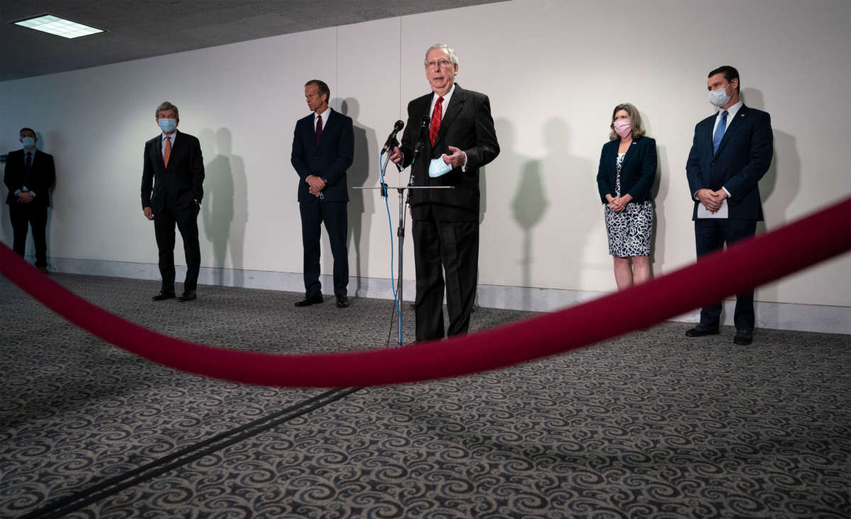 Senate Majority Leader Mitch McConnell speaks to reporters following a Senate Republican policy luncheon in the Hart Senate Office Building, on May 5, 2020, in Washington, D.C.