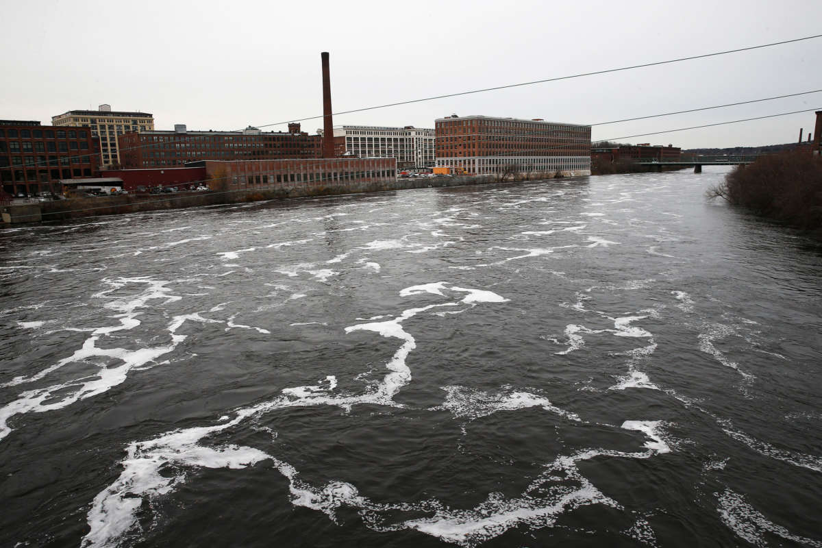 The Merrimack River runs through Lawrence, Massachusetts, on November 15, 2018. In early April, millions of gallons of raw sewage overflowed into the river, which supplies drinking water to a half million people.