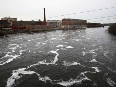 The Merrimack River runs through Lawrence, Massachusetts, on November 15, 2018. In early April, millions of gallons of raw sewage overflowed into the river, which supplies drinking water to a half million people.