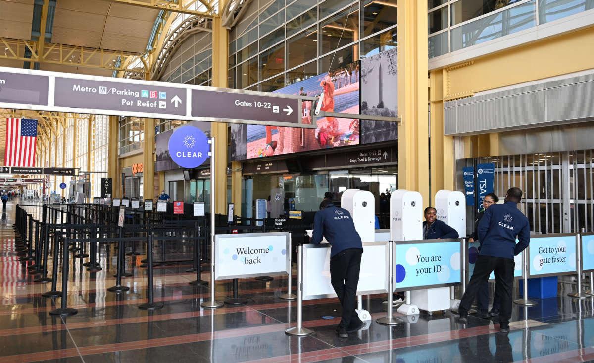 A view of empty TSA control checkpoint at Washington National Airport on April 11, 2020, in Arlington, Virginia.