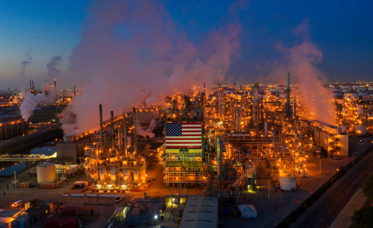 An aerial view shows Marathon Petroleum Corp's Los Angeles Refinery, the state's largest producer of gasoline, as oil prices have cratered with the spread of the coronavirus pandemic on April 22, 2020, in Carson, California.