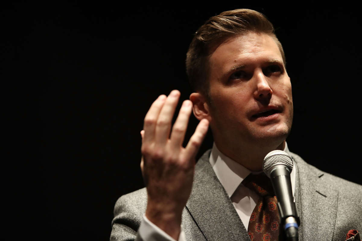 White nationalist Richard Spencer speaks during a press conference at the Curtis M. Phillips Center for the Performing Arts on October 19, 2017, in Gainesville, Florida.
