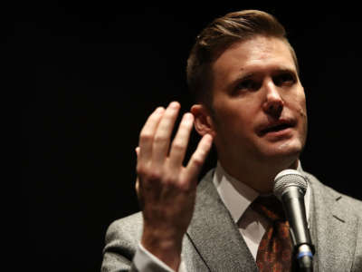 White nationalist Richard Spencer speaks during a press conference at the Curtis M. Phillips Center for the Performing Arts on October 19, 2017, in Gainesville, Florida.