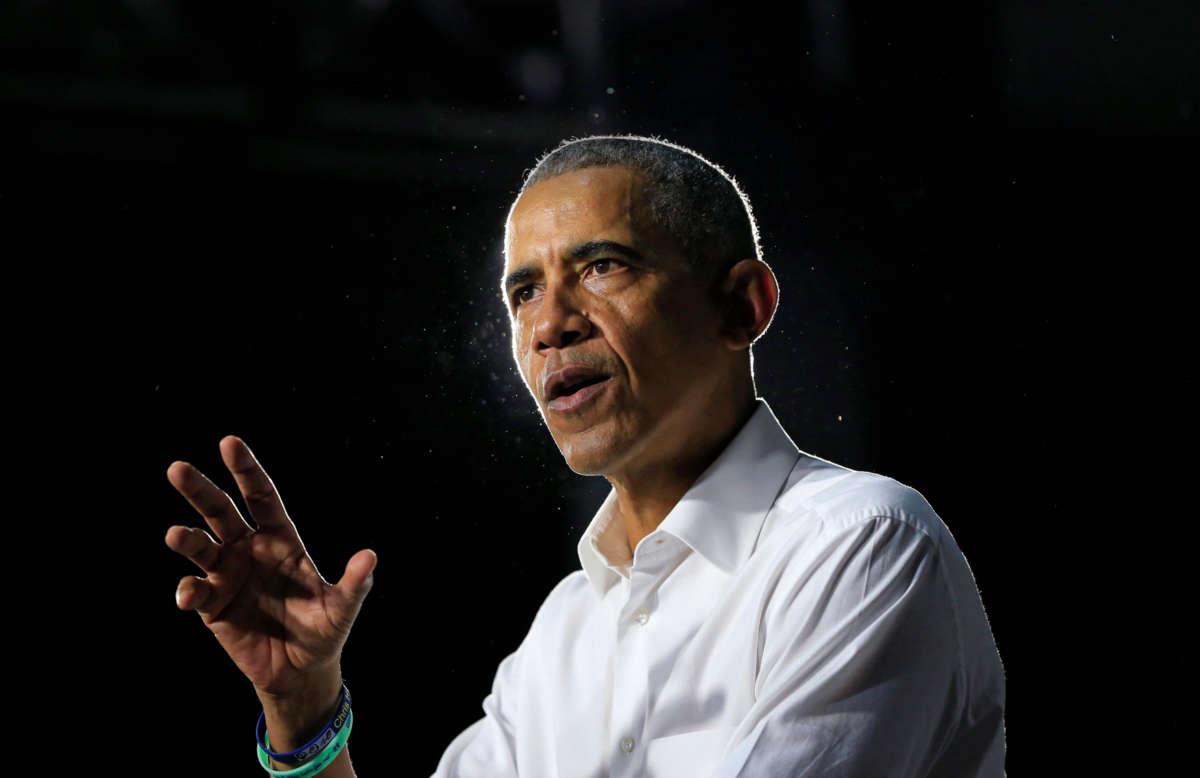 Former President Barack Obama speaks in Miami at Ice Palace Films Studios on November 2, 2018.