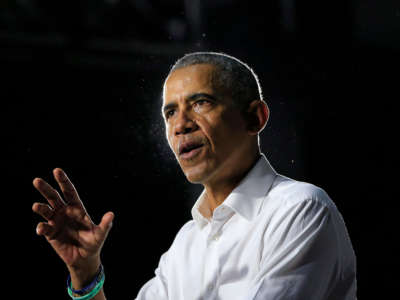 Former President Barack Obama speaks in Miami at Ice Palace Films Studios on November 2, 2018.