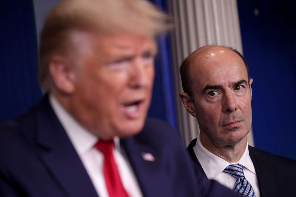 Labor Secretary Eugene Scalia watches as President Trump speaks during the daily coronavirus briefing in the Brady Press Briefing Room at the White House on April 9, 2020, in Washington, D.C.