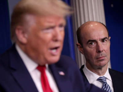 Labor Secretary Eugene Scalia watches as President Trump speaks during the daily coronavirus briefing in the Brady Press Briefing Room at the White House on April 9, 2020, in Washington, D.C.