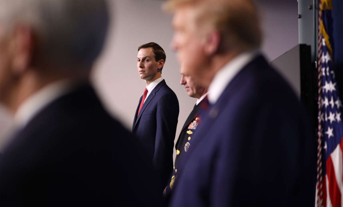 Senior White House Advisor Jared Kushner stands in the press briefing room with members of the White House Coronavirus Task Force, April 2, 2020, in Washington, D.C.