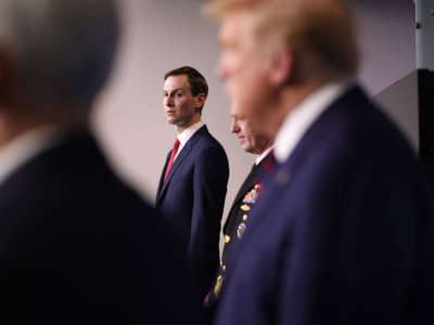 Senior White House Advisor Jared Kushner stands in the press briefing room with members of the White House Coronavirus Task Force, April 2, 2020, in Washington, D.C.