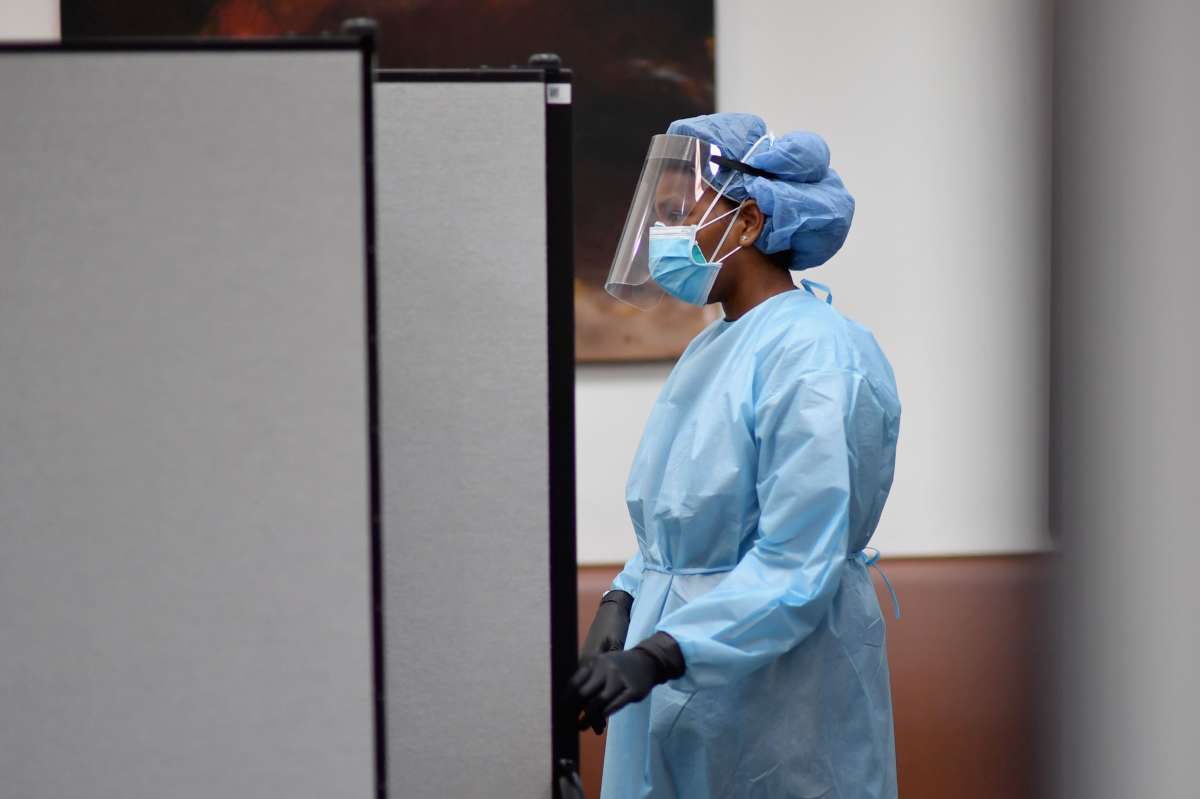 A registered nurse waits to test residents for COVID-19 antibodies at Abyssinian Baptist Church in the Harlem neighborhood of New York City on May 14, 2020.