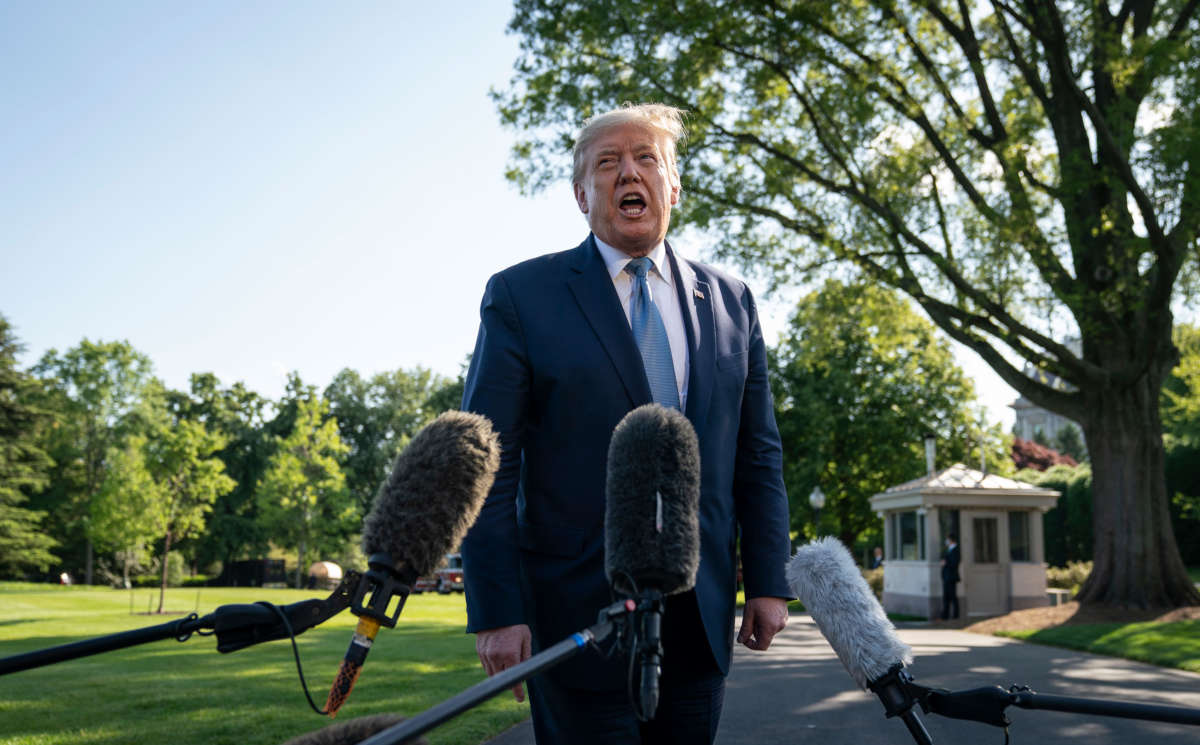 President Trump speaks to reporters before boarding Marine One on the South Lawn of the White House on May 15, 2020, in Washington, D.C.