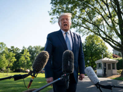 President Trump speaks to reporters before boarding Marine One on the South Lawn of the White House on May 15, 2020, in Washington, D.C.