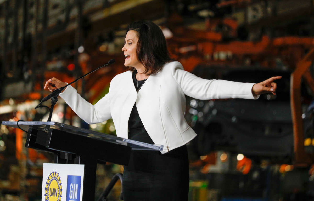 Michigan Gov. Gretchen Whitmer speaks at an event at the Orion Assembly Plant on March 22, 2019, in Lake Orion, Michigan.