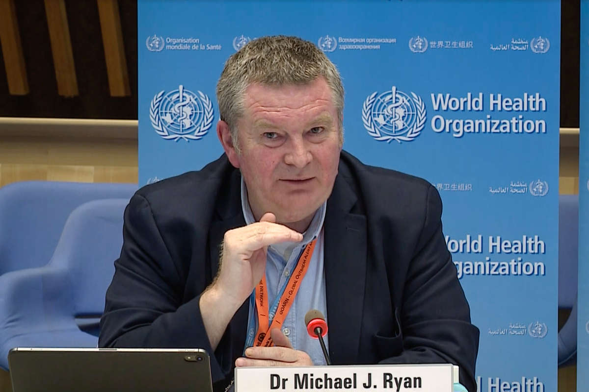 A TV grab taken from the World Health Organization website shows World Health Organization (WHO) Health Emergencies Programme Director Michael Ryan via video link as he delivers a news briefing on COVID-19 from the WHO headquarters in Geneva on March 30, 2020.