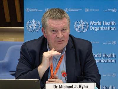 A TV grab taken from the World Health Organization website shows World Health Organization (WHO) Health Emergencies Programme Director Michael Ryan via video link as he delivers a news briefing on COVID-19 from the WHO headquarters in Geneva on March 30, 2020.