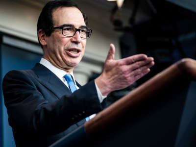 Secretary of the Treasury Steven Mnuchin speaks during a briefing in response to the COVID-19 pandemic in the James S. Brady Press Briefing Room at the White House on April 21, 2020, in Washington, D.C.