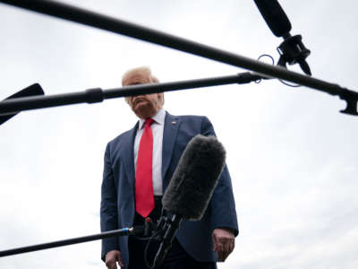 President Trump speaks to reporters on his way to Marine One on the South Lawn of the White House on May 14, 2020, in Washington, D.C.