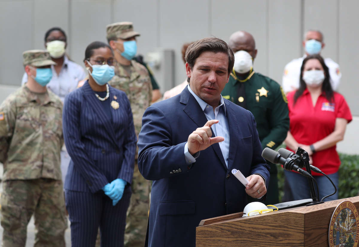 Florida Gov. Ron DeSantis gives updates about the state's response to the coronavirus pandemic during a press conference on April 17, 2020, in Fort Lauderdale, Florida.
