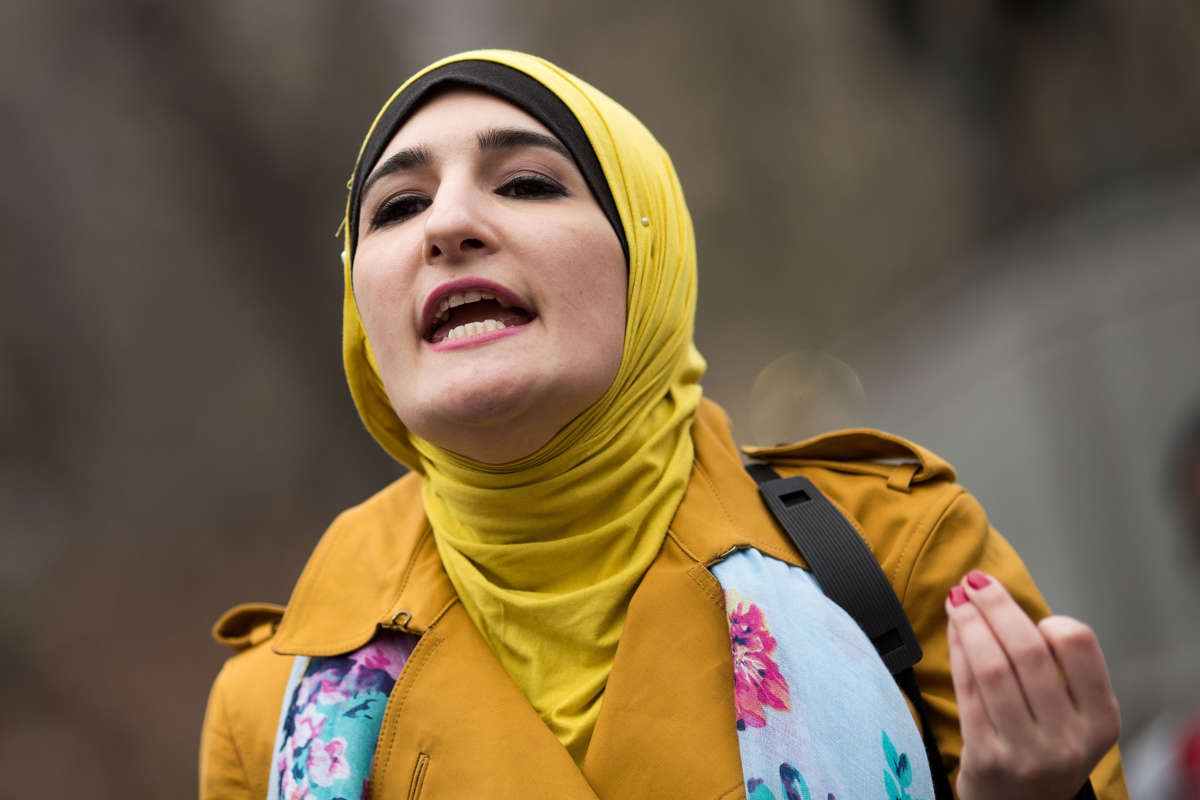 Activist Linda Sarsour speaks during a "Women For Syria" gathering at Union Square, April 13, 2017, in New York City.