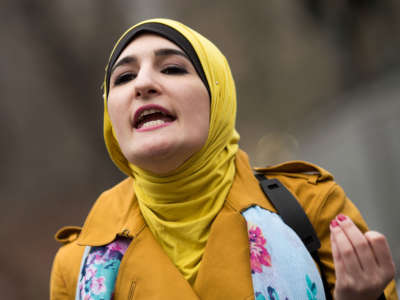 Activist Linda Sarsour speaks during a "Women For Syria" gathering at Union Square, April 13, 2017, in New York City.