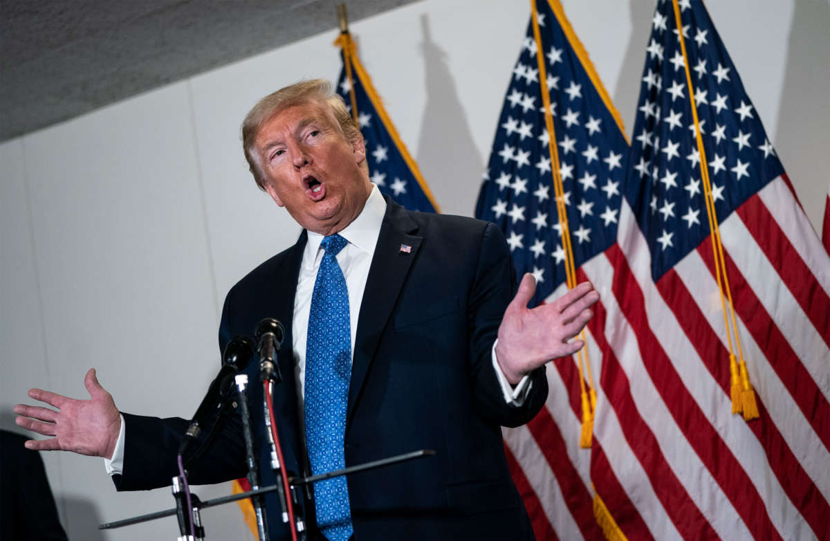 President Trump speaks to the press after meeting with Republican Senators in the Hart Senate Office Building on Capitol Hill, May 19, 2020, in Washington, D.C.