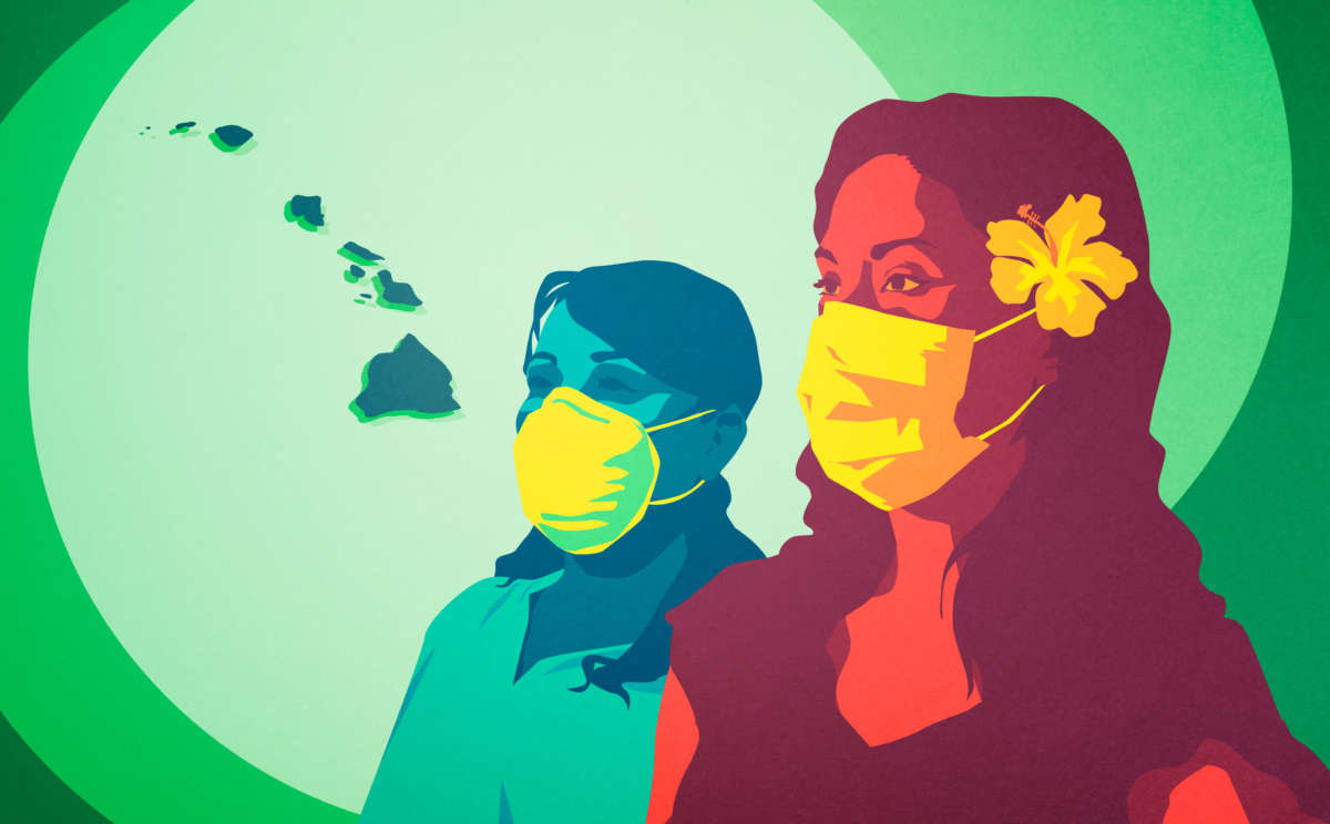 Women in facemasks pictured with Hawaii islands
