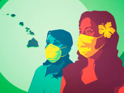 Women in facemasks pictured with Hawaii islands