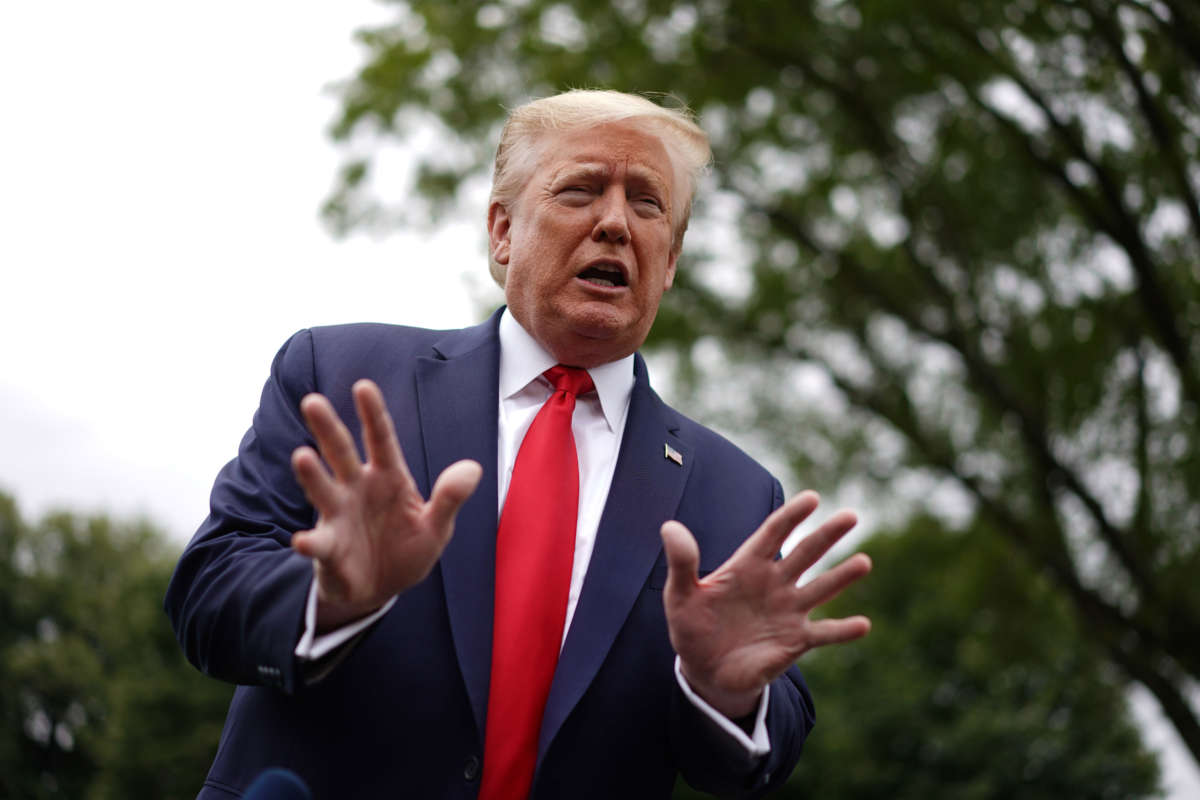 President Trump speaks to the press as he departs the White House in Washington, D.C., on May 21, 2020.