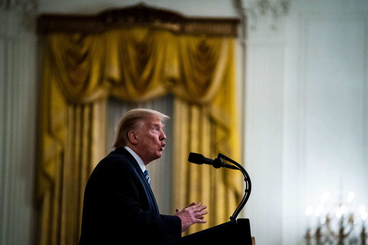 President Trump delivers remarks in the East Room at the White House on April 28, 2020, in Washington, D.C.