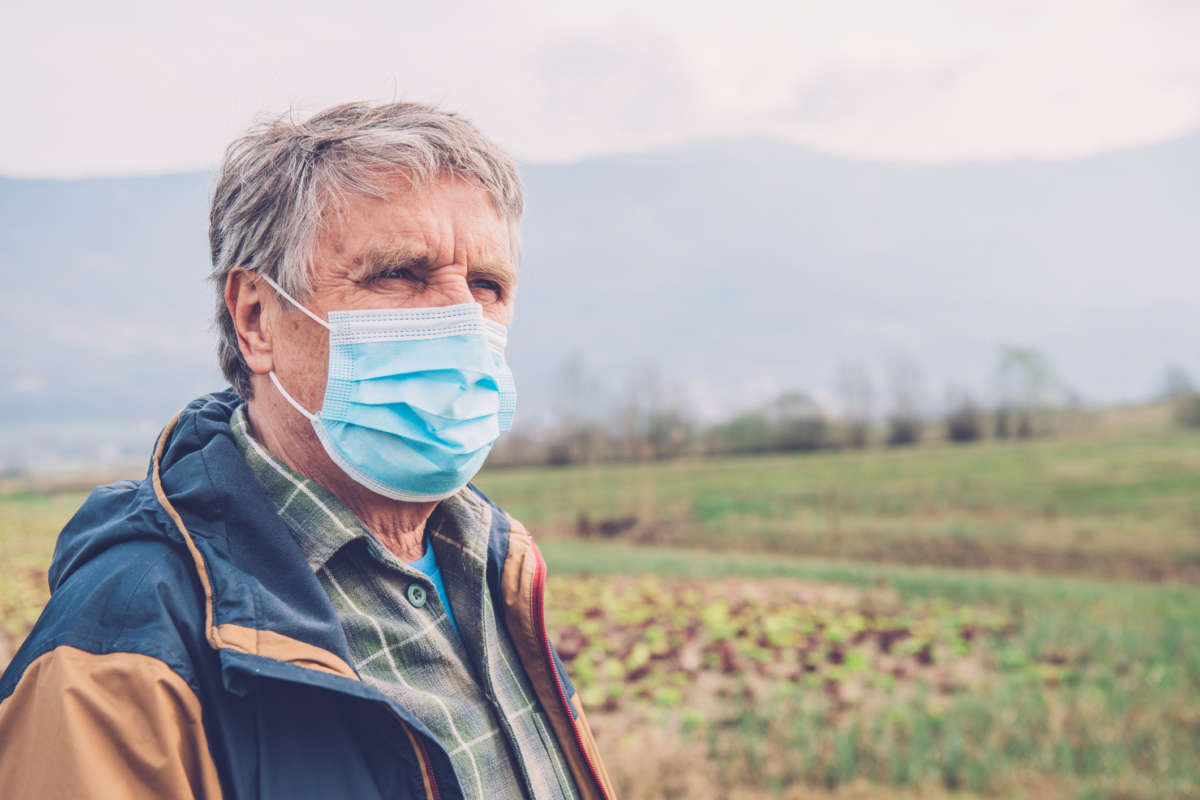 A rural man wears a face mask amidst his field of crops