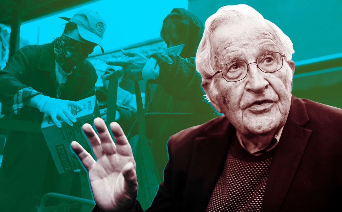 Noam Chomsky pictured over volunteers distributing food during coronavirus pandemic