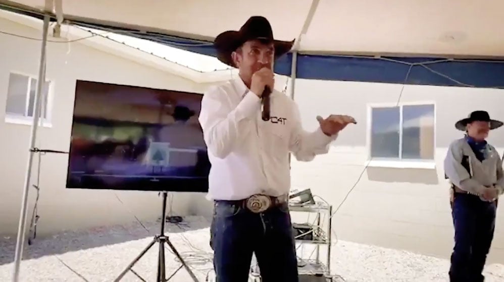 A screenshot of the video retweeted by President Trump in which Otero County, New Mexico, Commissioner and Cowboys for Trump founder Couy Griffin says, "The only good Democrat is a dead Democrat."