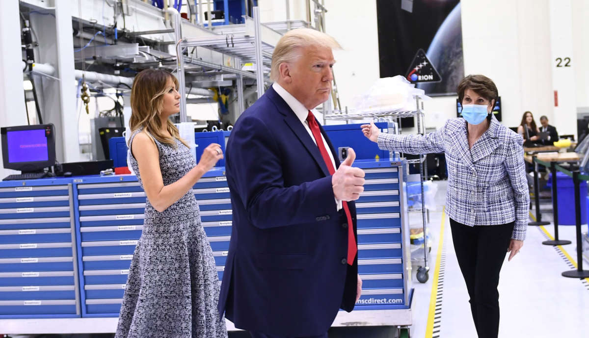 First Lady Melania Trump and President Trump tour NASA facilities before viewing the SpaceX launch at the Kennedy Space Center in Florida on May 27, 2020.