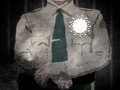 A sheriff with a COVID-19 badge stands in front of prison bars