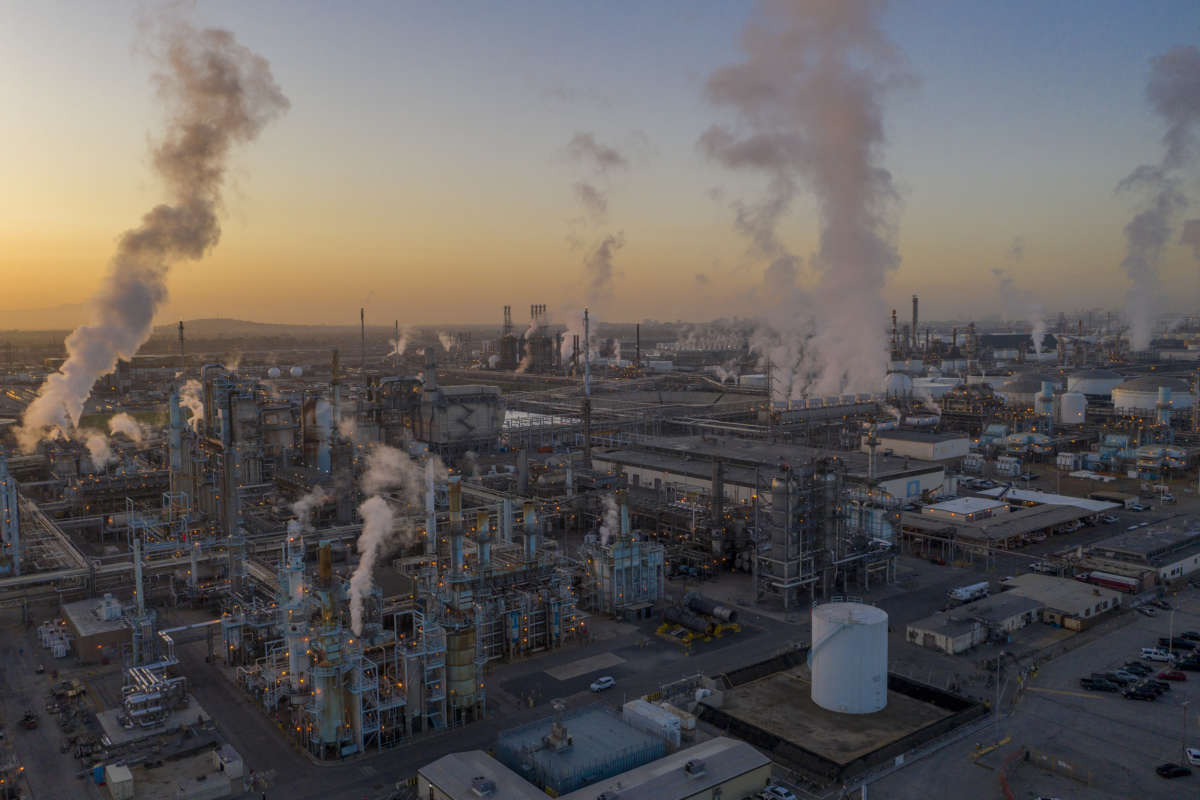 An aerial view shows Marathon Petroleum Corp's Los Angeles Refinery, the state's largest producer of gasoline, on April 22, 2020 in Carson, California.