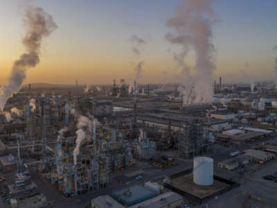 An aerial view shows Marathon Petroleum Corp's Los Angeles Refinery, the state's largest producer of gasoline, on April 22, 2020 in Carson, California.