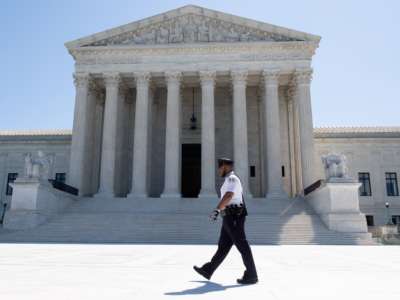 The Supreme Court is seen in Washington, D.C., on May 4, 2020, during the first day of oral arguments held by telephone, a first in the Court's history, as a result of COVID-19.