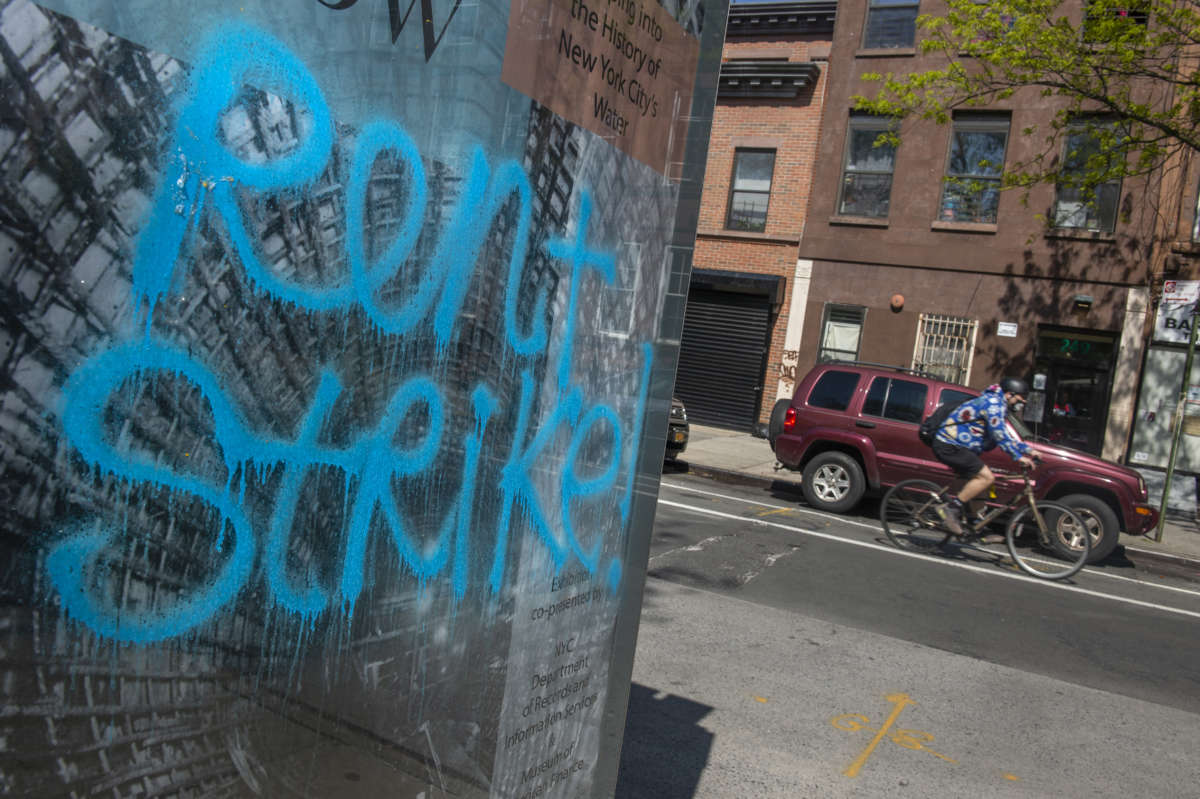 Graffiti on a bus stop calls for a rent strike on May 10, 2020. in the Bedford-Stuyvesant neighborhood of Brooklyn, New York.