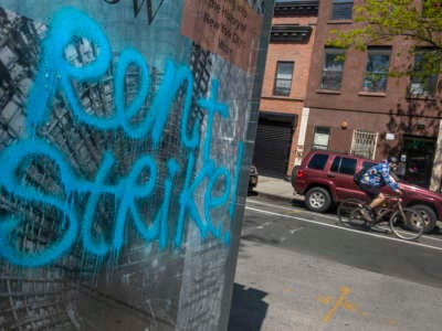 Graffiti on a bus stop calls for a rent strike on May 10, 2020. in the Bedford-Stuyvesant neighborhood of Brooklyn, New York.