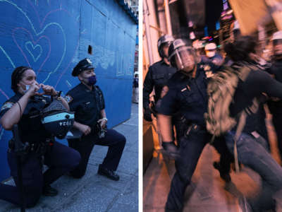 Left: Two New York City police officers take a knee during a demonstration by protesters in Times Square on May 31, 2020. Right: New York City police offers clash with protesters that evening.